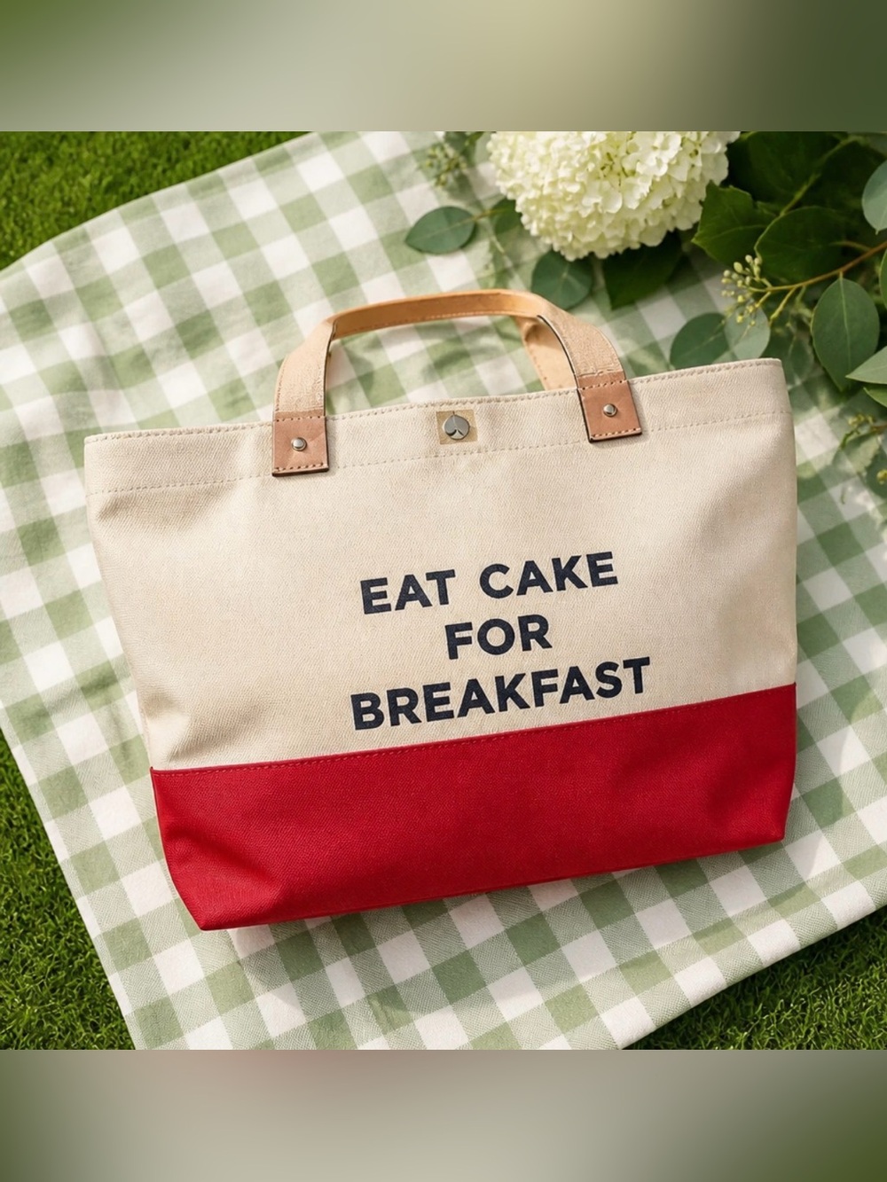kate spade Cream and Red Canvas Tote with Slogan